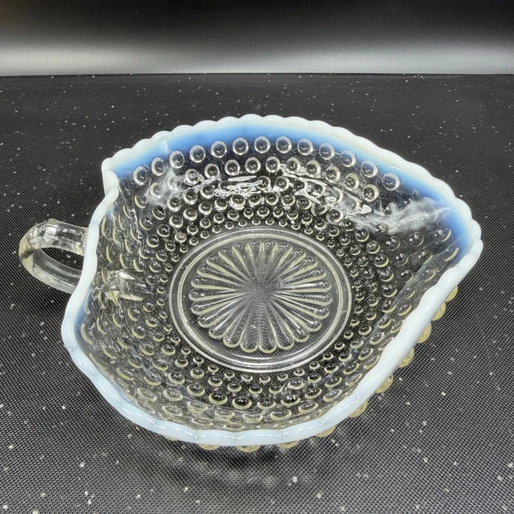 Anchor Hocking Moonstone Hobnail Opalescent Glass Bowl Ruffled Edge W‎ Handle
